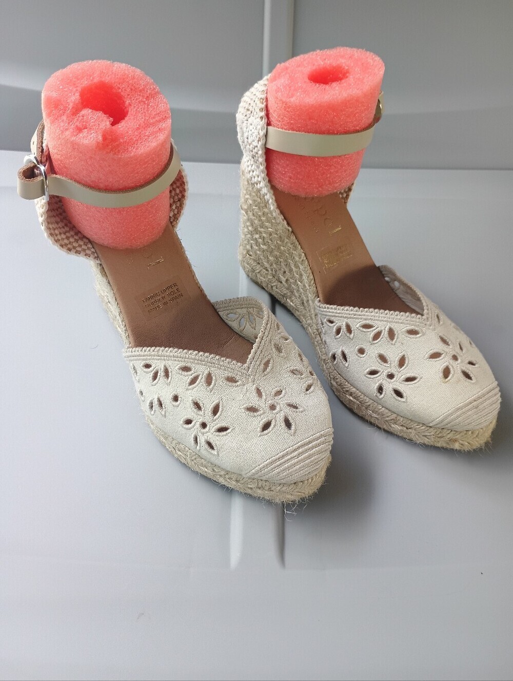 Cream-colored Maypol Beige Eyelet Canvas Espadrille Wedge Sandals Made in Spain - Picture 6 of 16
